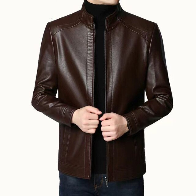 NEW Autumn Winter Men Leather Jacket Stand Collar Plus Velvet Thick Warm Leather Jacket Men Social Mens Jackets