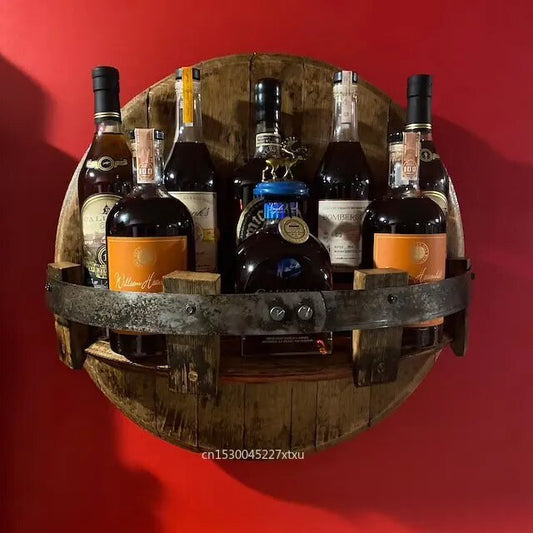Bourbon whiskey barrel shelf Liquor Bottle Display Wall Mounted Vintage Round Wine Rack Family Kitchen Bar Rack Decoration