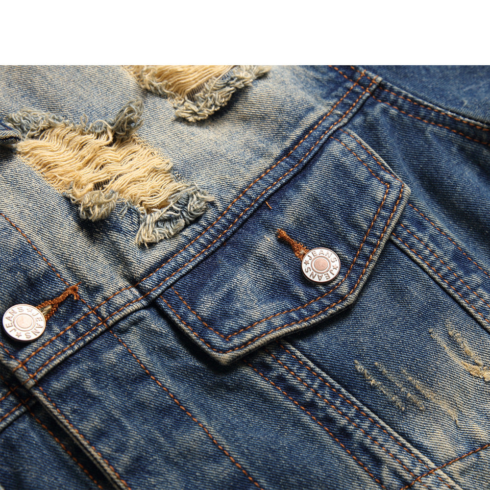 DBA337 New Design Fall Clothing Plus Size Cropped Mens Denim Jean Jackets Ripped Hollow Out Distressed Jeans Jacket for Men - Evanston Magazine Men's Apparel Evanston Magazine Men's Apparel