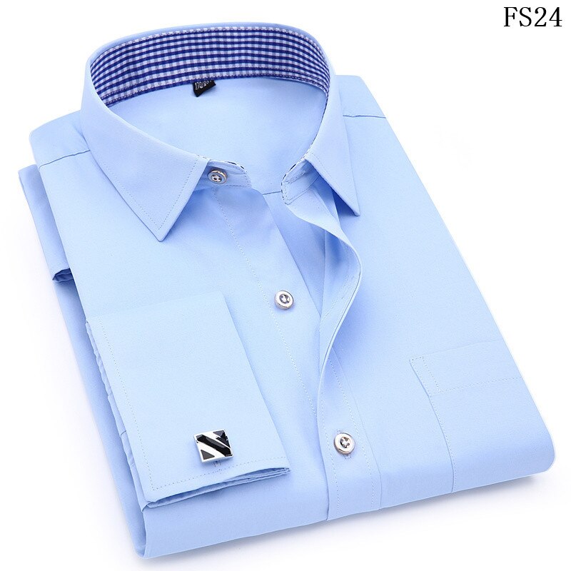 Men's Dress Shirts French Cuff | Blue | White Long Sleeved Business Casual Shirt Slim Fit Solid Color - Evanston Magazine Men's Apparel Evanston Magazine Men's Apparel
