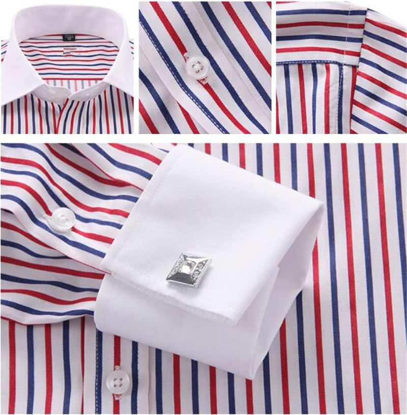 HIGH Quality Men Casual Slim Fit Shirt | Mens Long Sleeve Business Dress Shirts | French Cufflinks Shirt Male Striped Shirt - Evanston Magazine Men's Apparel Evanston Magazine Men's Apparel
