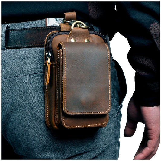 Real Leather men Casual Design Small Waist Bag Cowhide Fashion Hook Bum Bag Waist Belt Pack Cigarette Case 5.5&quot; Phone Pouch 1609