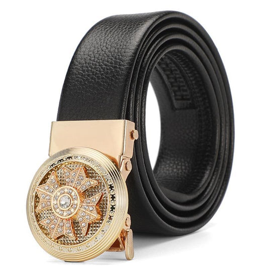 Leather Belt High Quality Men Business | Belt Golden Automatic Buckle Waist Buckle Rhinestone Decoration Males Luxury Belt