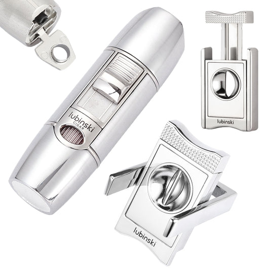 LUBINSKI Cigar Cutter Lighter Set Puro Knife Case Protect Cigar Holder Charuto Lighter Torch Gas Accessories With Punch Drill