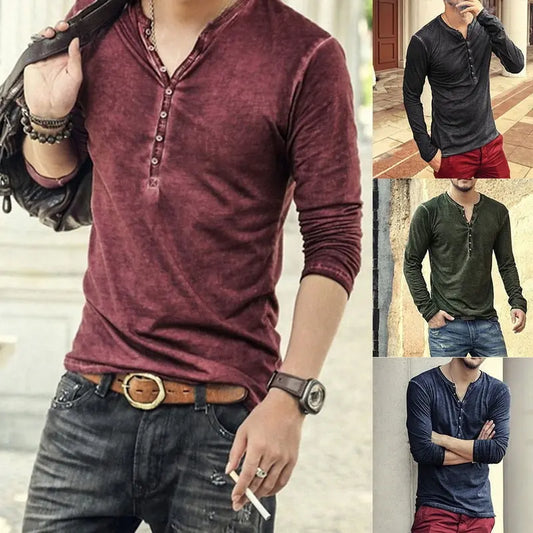 Men Tee Shirt - V-neck,  Long Sleeve Tee , Tops- Stylish Slim Buttons, T-shirt Autumn Casual Solid Male Clothing Plus Size 3XL - Evanston Magazine Men's Apparel Evanston Magazine Men's Apparel