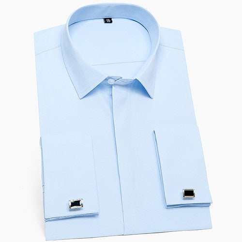 Classic French Cuffs Solid Dress Shirt Covered Placket Formal Business Standard-fit Long Sleeve Office Work White Shirts - Evanston Magazine Men's Apparel Evanston Magazine Men's Apparel