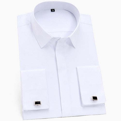 Classic French Cuffs Solid Dress Shirt Covered Placket Formal Business Standard-fit Long Sleeve Office Work White Shirts - Evanston Magazine Men's Apparel Evanston Magazine Men's Apparel