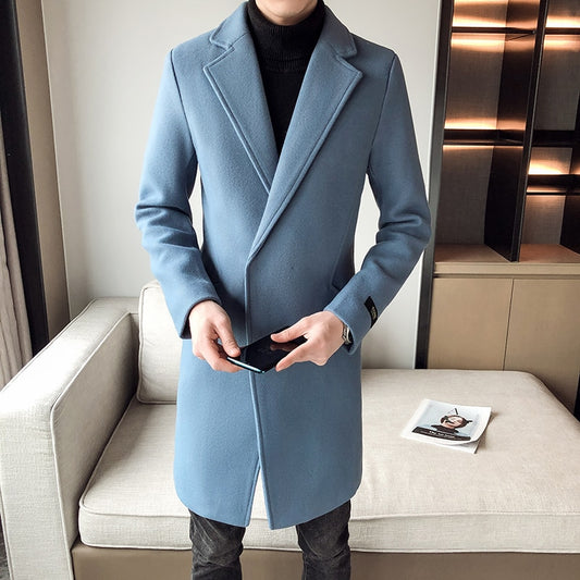 Elegant Sky Blue Man Long Vintage Winter Trench Coat (Retro British Woolen Overcoat also White | Khaki) - Evanston Magazine Men's Apparel Evanston Magazine Men's Apparel