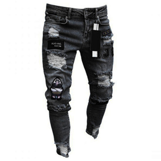 Men Stretchy Ripped Skinny Biker Embroidery Cartoon Print Jeans Destroyed Hole - Evanston Magazine Men's Apparel Evanston Magazine Men's Apparel