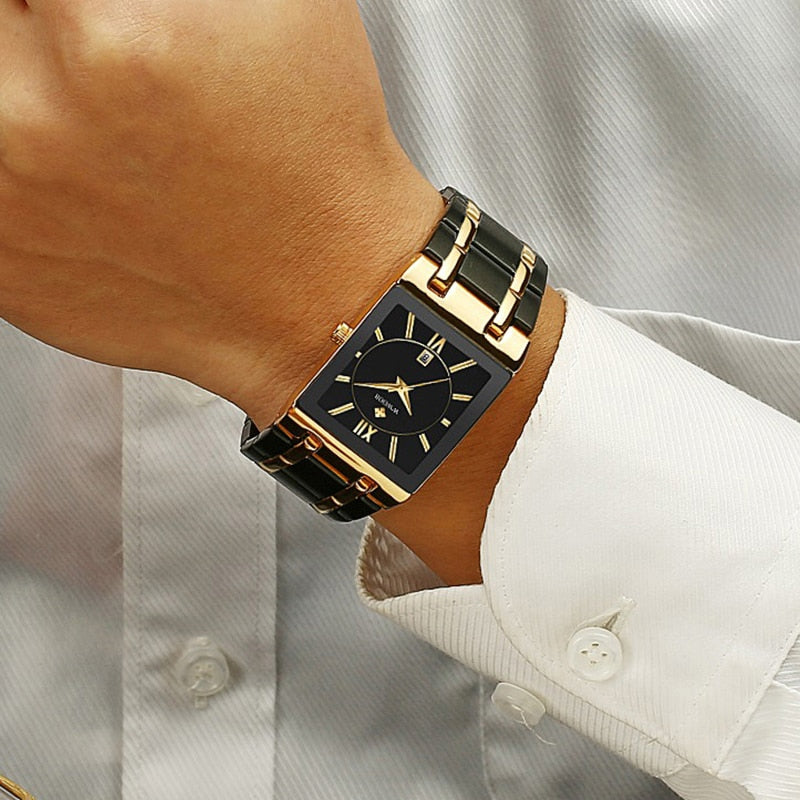 Classic Design Watch For Men Gold Quartz Wrist Watches | Top Brand Luxury Fashion Square Full Steel Waterproof - Evanston Magazine Men's Apparel Evanston Magazine Men's Apparel