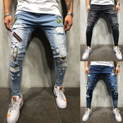 Fashion New Male hole badge embroidery denim trousers pants Men&#39;s streetwear hiphop skinny Casual Patch Jeans - Evanston Magazine Men's Apparel Evanston Magazine Men's Apparel