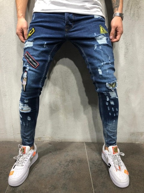 Fashion New Male hole badge embroidery denim trousers pants Men&#39;s streetwear hiphop skinny Casual Patch Jeans - Evanston Magazine Men's Apparel Evanston Magazine Men's Apparel
