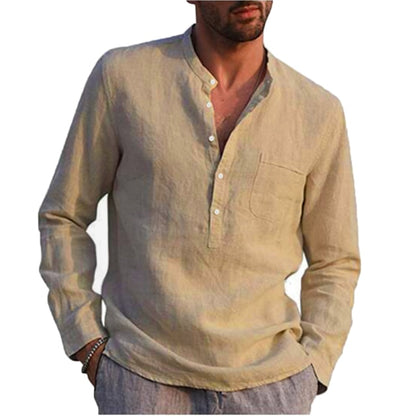 100% Cotton Line Hot Sale  Long-Sleeved Shirts | Solid Color  Stand-Up Collar Casual Beach Style Plus Size - Evanston Magazine Men's Apparel Evanston Magazine Men's Apparel
