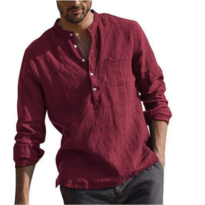 100% Cotton Line Hot Sale  Long-Sleeved Shirts | Solid Color  Stand-Up Collar Casual Beach Style Plus Size - Evanston Magazine Men's Apparel Evanston Magazine Men's Apparel