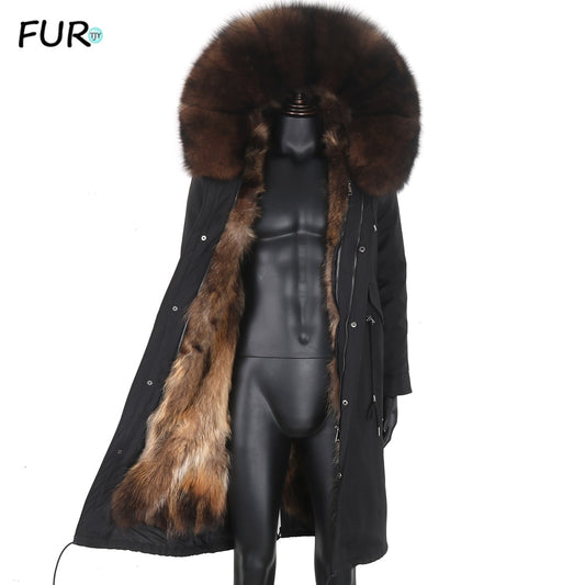 X-Long Real Fox Fur Liner Parka ( Natural Raccoon Fur Collar) Warm - Evanston Magazine Men's Apparel Evanston Magazine Men's Apparel
