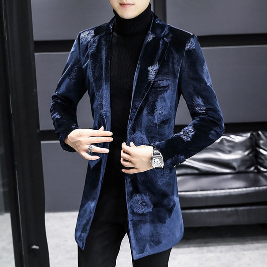 Royal Blue Print Velvet Warm Coat | Designer Men Winter Wool Blends Jacket Men - Evanston Magazine Men's Apparel Evanston Magazine Men's Apparel