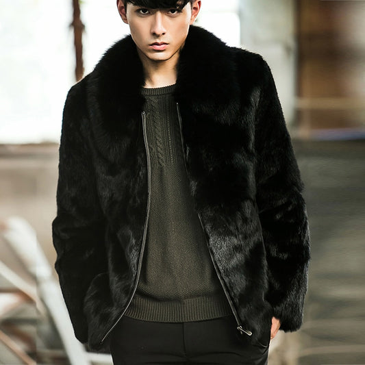 Black Rabbit Fur Bomber Jacket | With Fox Fur Collar For Men - Evanston Magazine Men's Apparel Evanston Magazine Men's Apparel