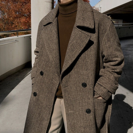 Men Winter Thick Warm Long Woolen Blends Coat British Style Vintage Double Breasted Loose Fit Windbreaker Trench Coat Overcoat - Evanston Magazine Men's Apparel Evanston Magazine Men's Apparel