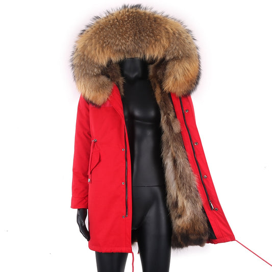 Long Men Parka Winter Jacket | Warm Thick Natural Raccoon | Fur Collar Real Fox (Fur Coat Outerwear Detachable Fur Liner Parka) Red - Evanston Magazine Men's Apparel Evanston Magazine Men's Apparel
