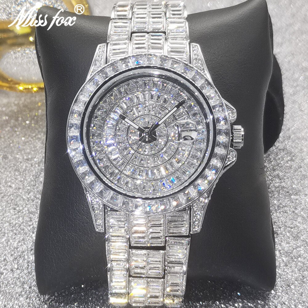 Top Luxury Silver Automatic Date Full Baguette Diamond Watch Luminous Waterproof - Evanston Magazine Men's Apparel Evanston Magazine Men's Apparel