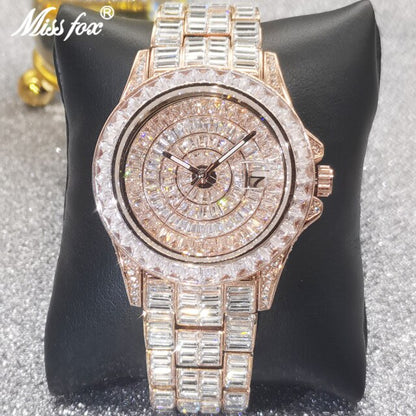 Top Luxury Silver Automatic Date Full Baguette Diamond Watch Luminous Waterproof - Evanston Magazine Men's Apparel Evanston Magazine Men's Apparel
