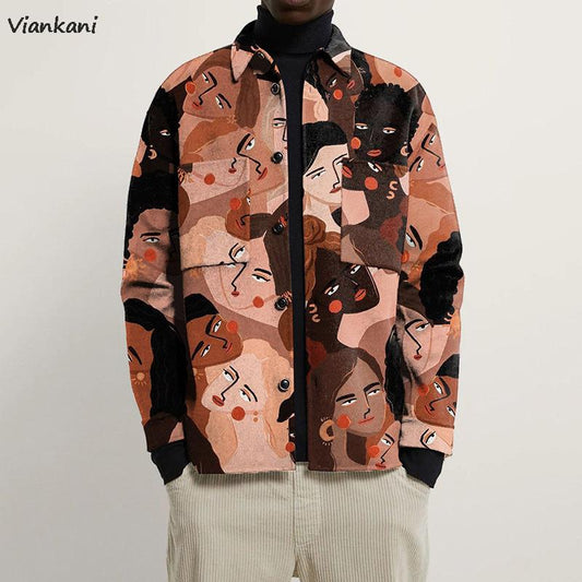 Hip Hop Fashion Printed Single-breasted Turn down Collar Shirt, Jackets, Oversized | Male Outwear Tops - Evanston Magazine Men's Apparel Evanston Magazine Men's Apparel